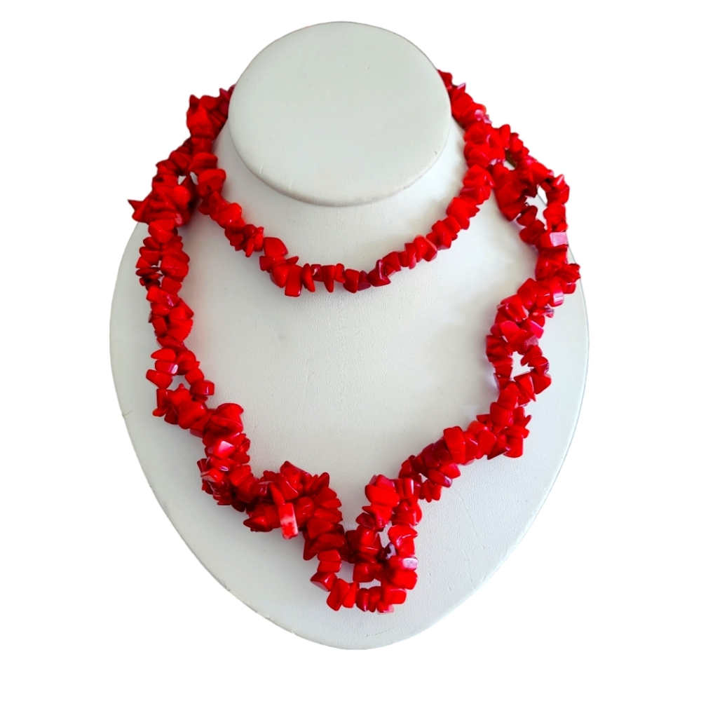 Red Coral Jasper Chip Crystal Stone Bead Floral Silver Tone Toggle Necklace